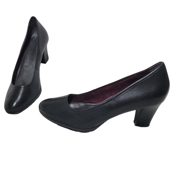 Tamaris Black Leather Round Toe Block 3" Heel Pumps Touch It Footbed EU 42 US 10 - Picture 2 of 15